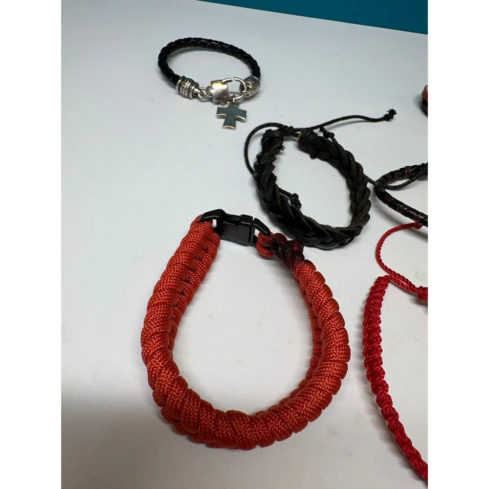 Lot of 7 Mens Braided Leather Paracord Woven Bracelets Cross Charm Black Red